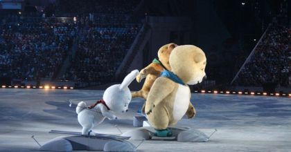 Photo of three mascots skiing at the Winter Olympic Games in Sochi, Russia