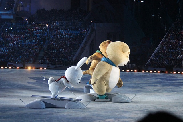 Photo of three mascots skiing at the Winter Olympic Games in Sochi, Russia