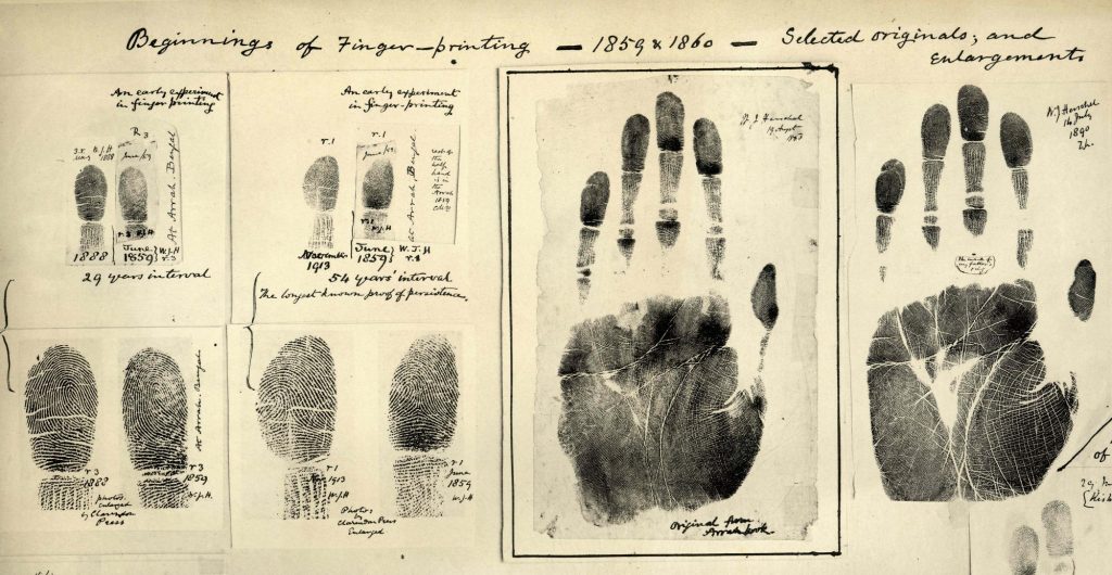 Finger and hand fingerprints in William James Herschel's Beginnings of Fingerprinting. Forcing and Fingerprinting