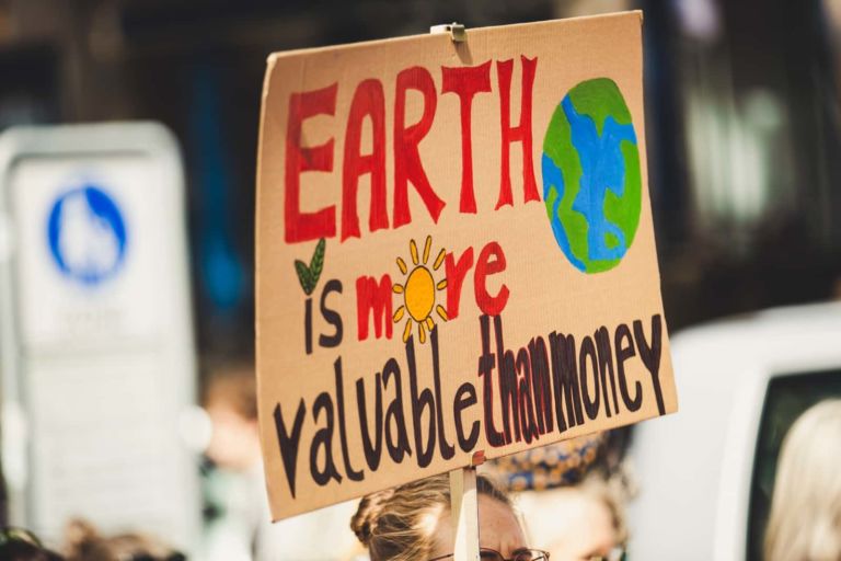 Climate action: image of sign that reads "Earths is more valuable than money" with a world drawing | Climate Nuxus Polls