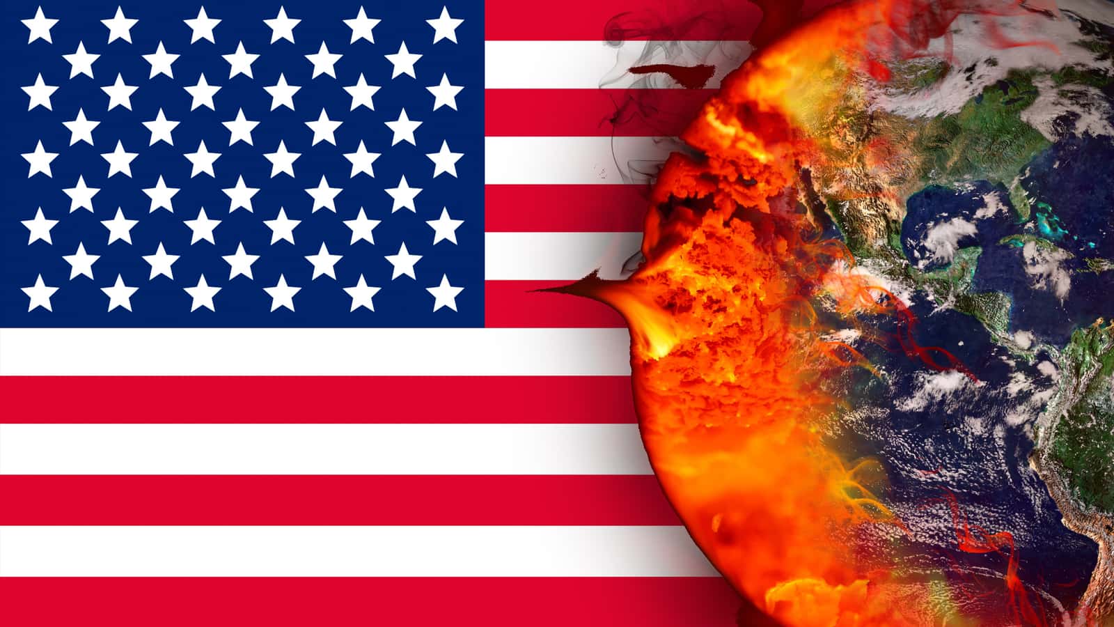 Flag of the United States showing the world on fire on the right side representing climate action | Climate Nexus Polls