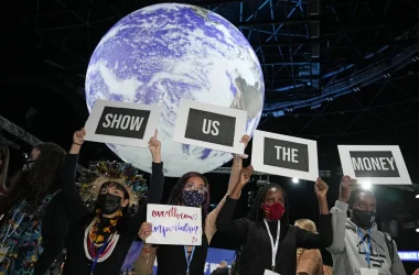 Image of people holding signs that read "show us the money" for the Climate Finance at COP27 post | Climate Nexus