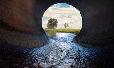 Image of sewer pipe, inside view with running water. Meadow and tree in the background.
