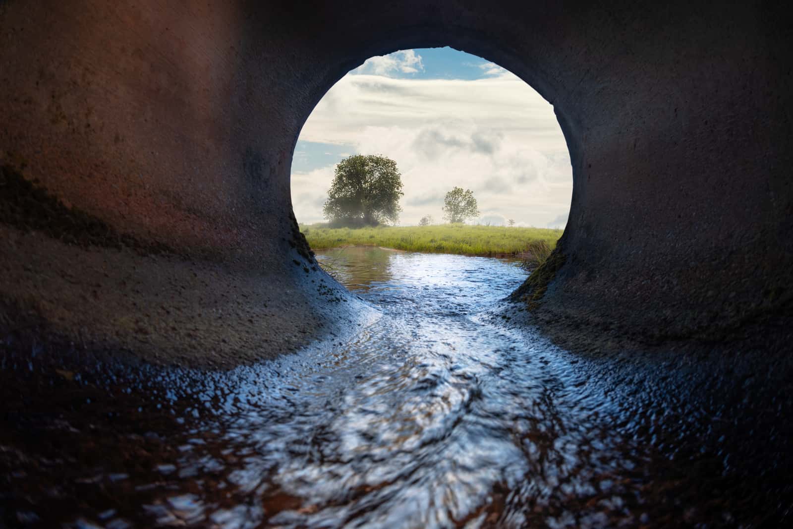 Image of sewer pipe, inside view with running water. Meadow and tree in the background.