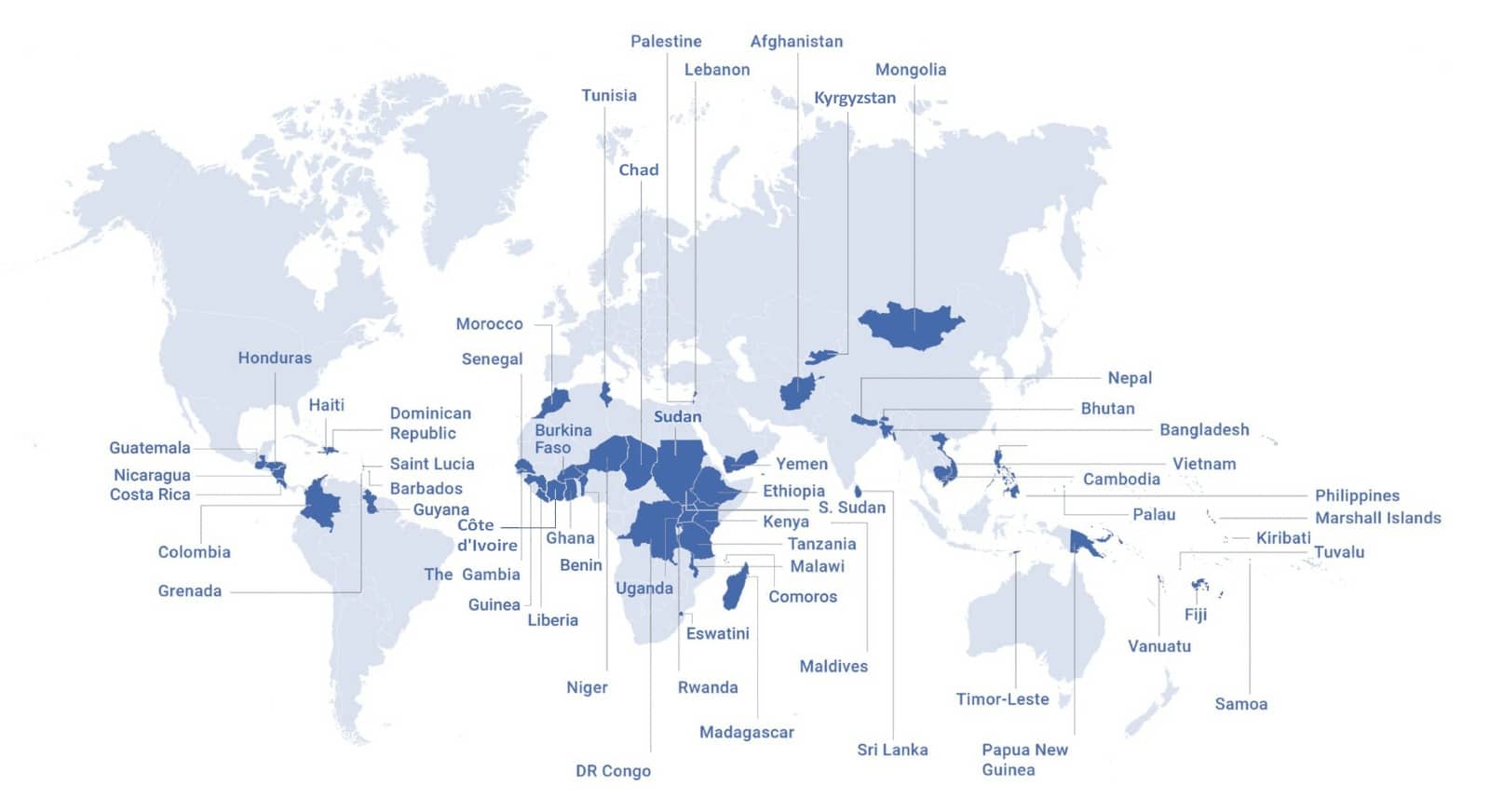 Image of the world map showing V20 member countries