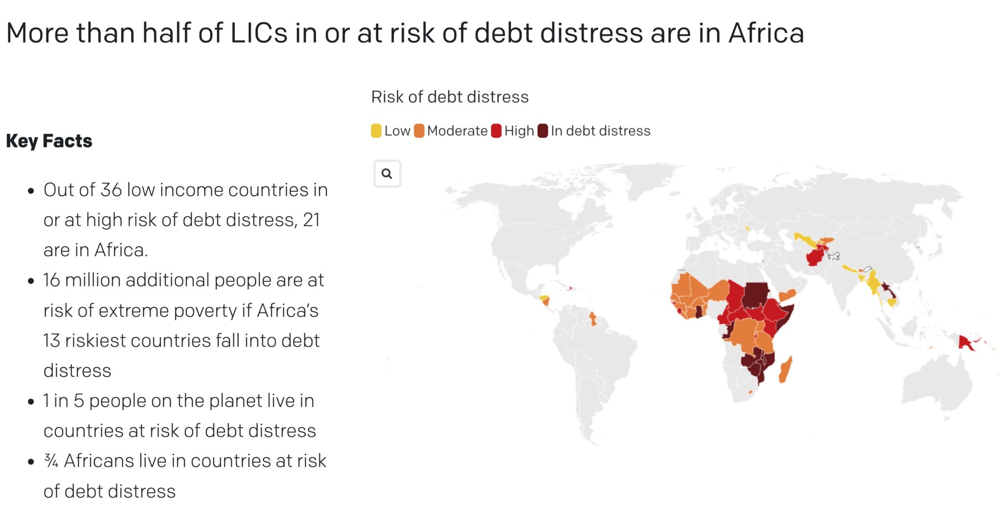 Image of the world map showing the countries at risk or in debt distress