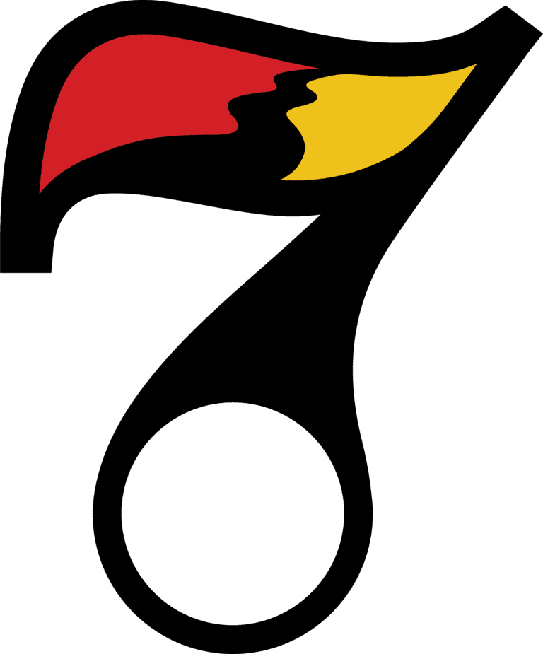 a stylized number "7" logo with a dark outline and red and yellow accents