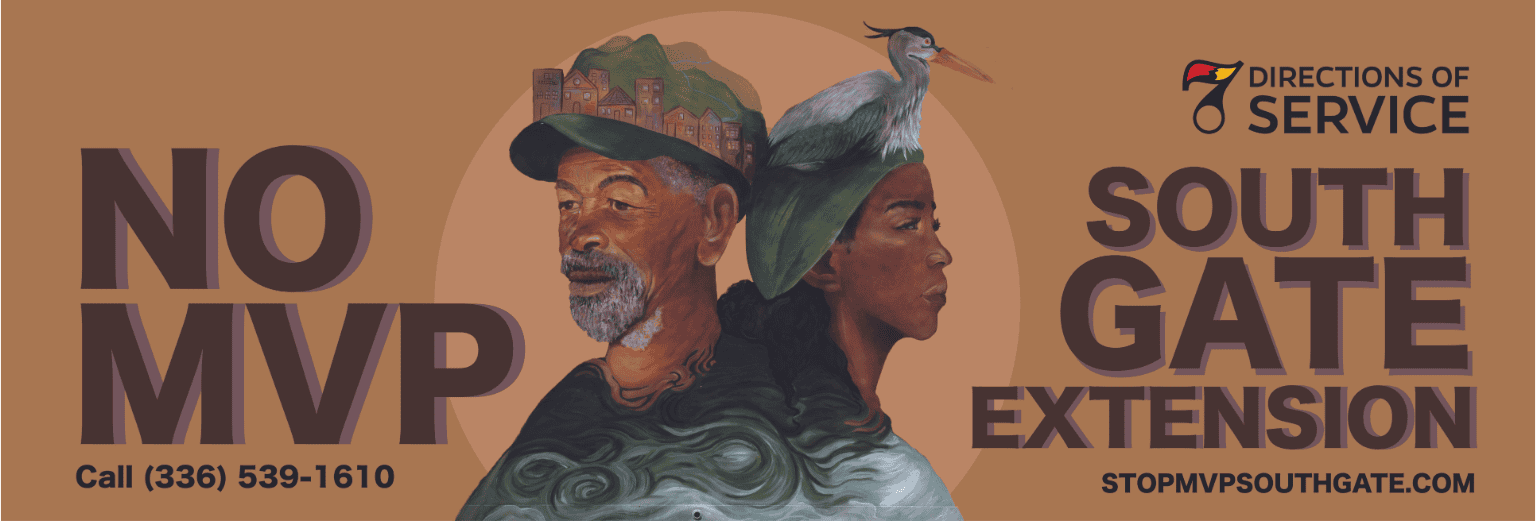 An illustration of a man, wearing a hat depicting homes, standing next to a woman, wearing a hat depicting a blue heron, and surrounded by the words "NO MVP SOUTH GATE EXTENSION."