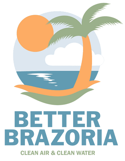 Logo  of a palm tree and sun in front of the ocean with text that reads "Better Brazoria Clean Air & Clean Water."