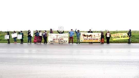A group of people are standing in a row along the roadside, holding protest signs