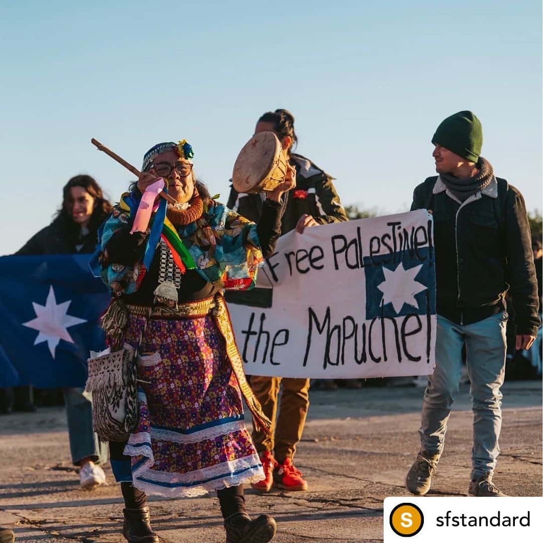 A group of Indigenous people holding a sign that reads "Free Palestine, the Mapuche."